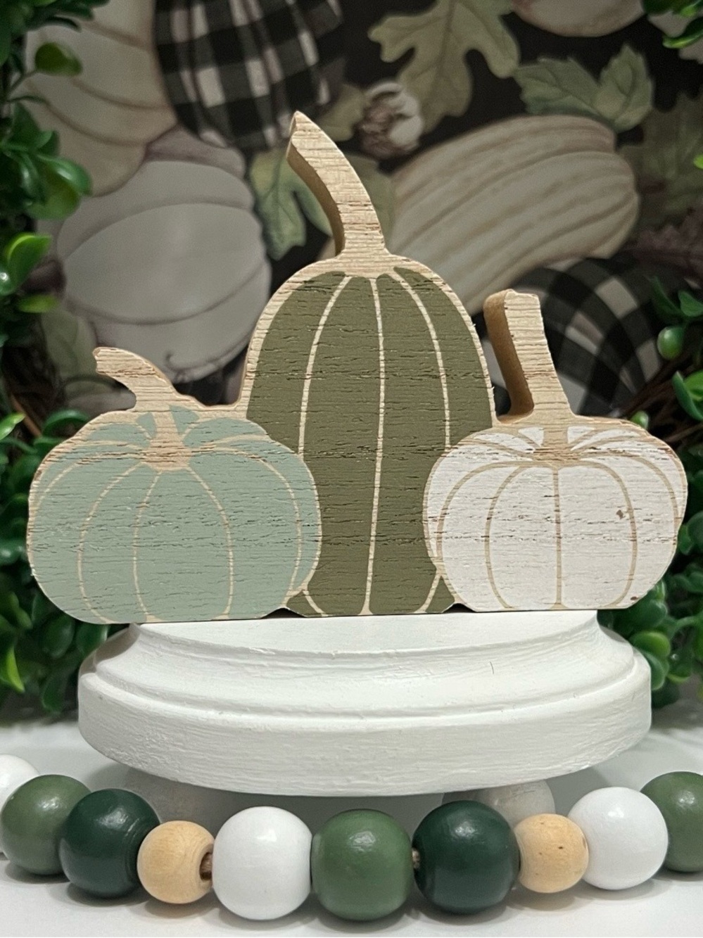 Triple Green & White Pumpkin Wooden
Decoration